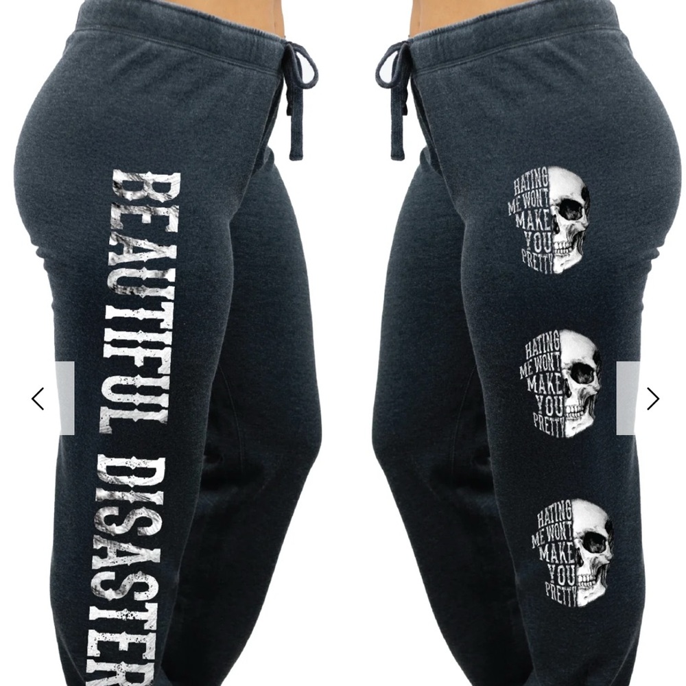 Beautiful Disaster Women's Joggers Skull Graphic- Black